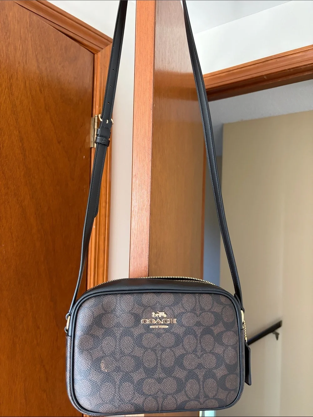Coach Brown Signature Monogram Crossbody with Black Strap